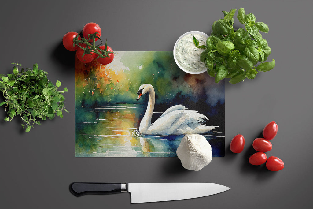 White Swan Swimming Calm Water Watercolor Cutting Board Tempered Glass Kitchen Cutting Surface, Heat Resistant Chopping, Non-Slip Feet, Food Prep & Serving