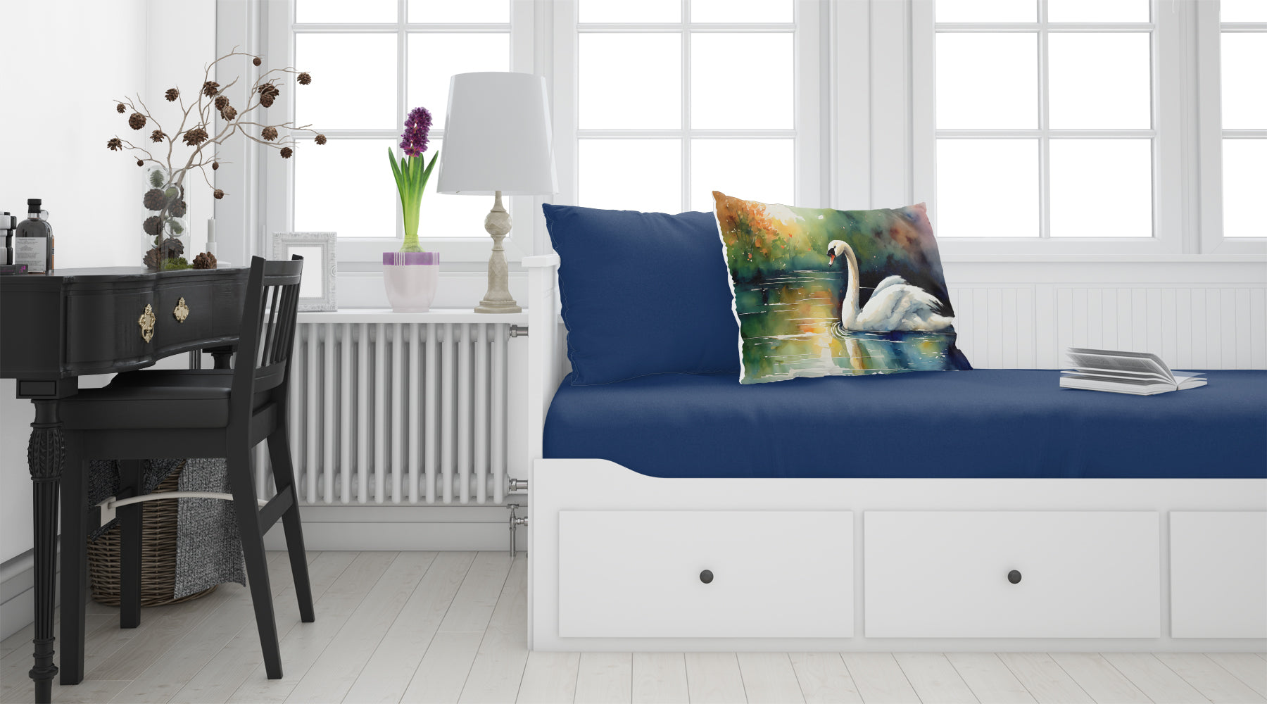 White Swan Swimming Calm Water Watercolor Standard Pillowcase Lightweight Super Soft Easy Care Decorative Artwork Pillowcase, Standard