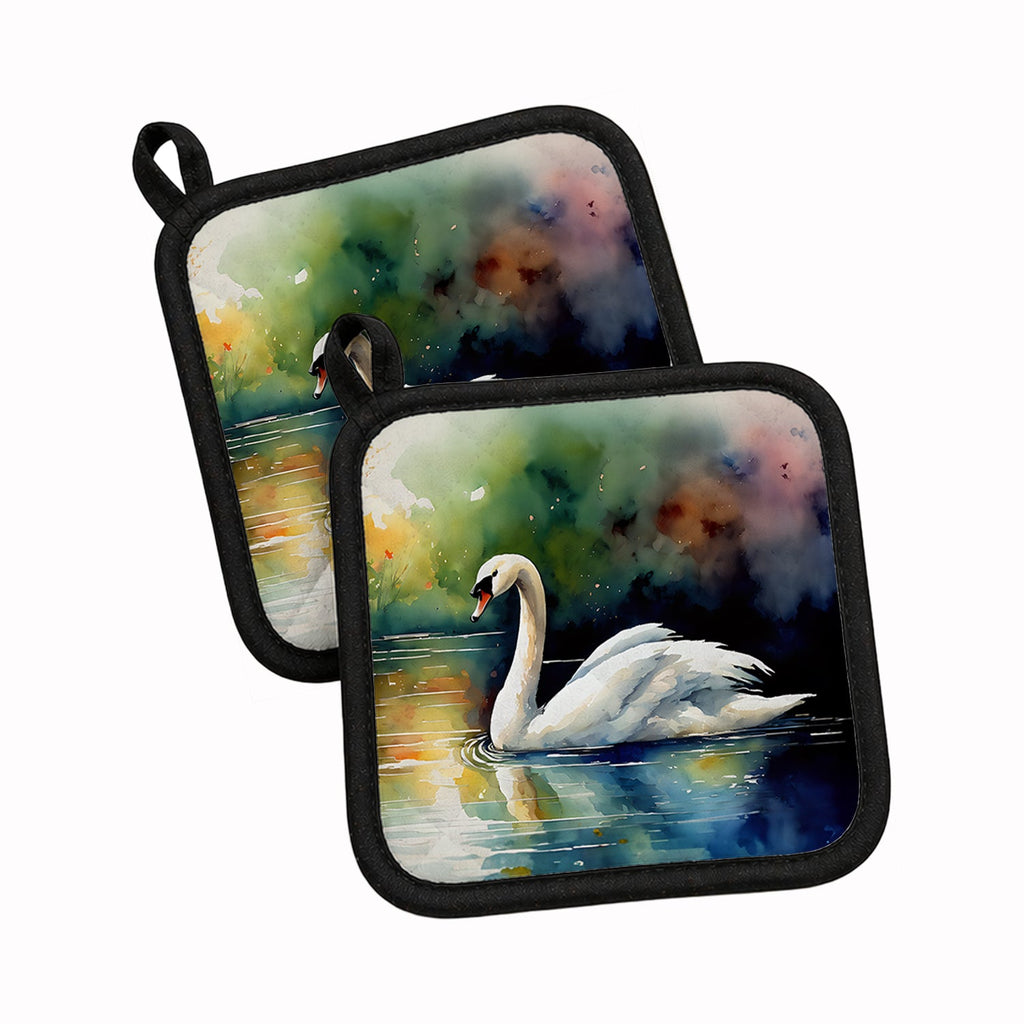 White Swan Swimming Calm Water Watercolor Pot Holder Set of 2 Heat Resistant Quilted Hot Pads 7.5 x 7.5 Inch, Insulated Kitchen Trivets for Cooking & Baking