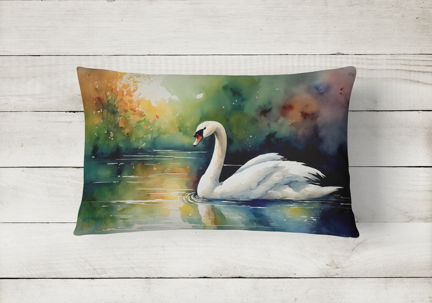 White Swan Swimming Calm Water Watercolor Decorative Throw Pillow 12x16 Indoor Outdoor Accent Cushion, Fabric Cover with Insert for Sofa, Bed, Porch & Living Room