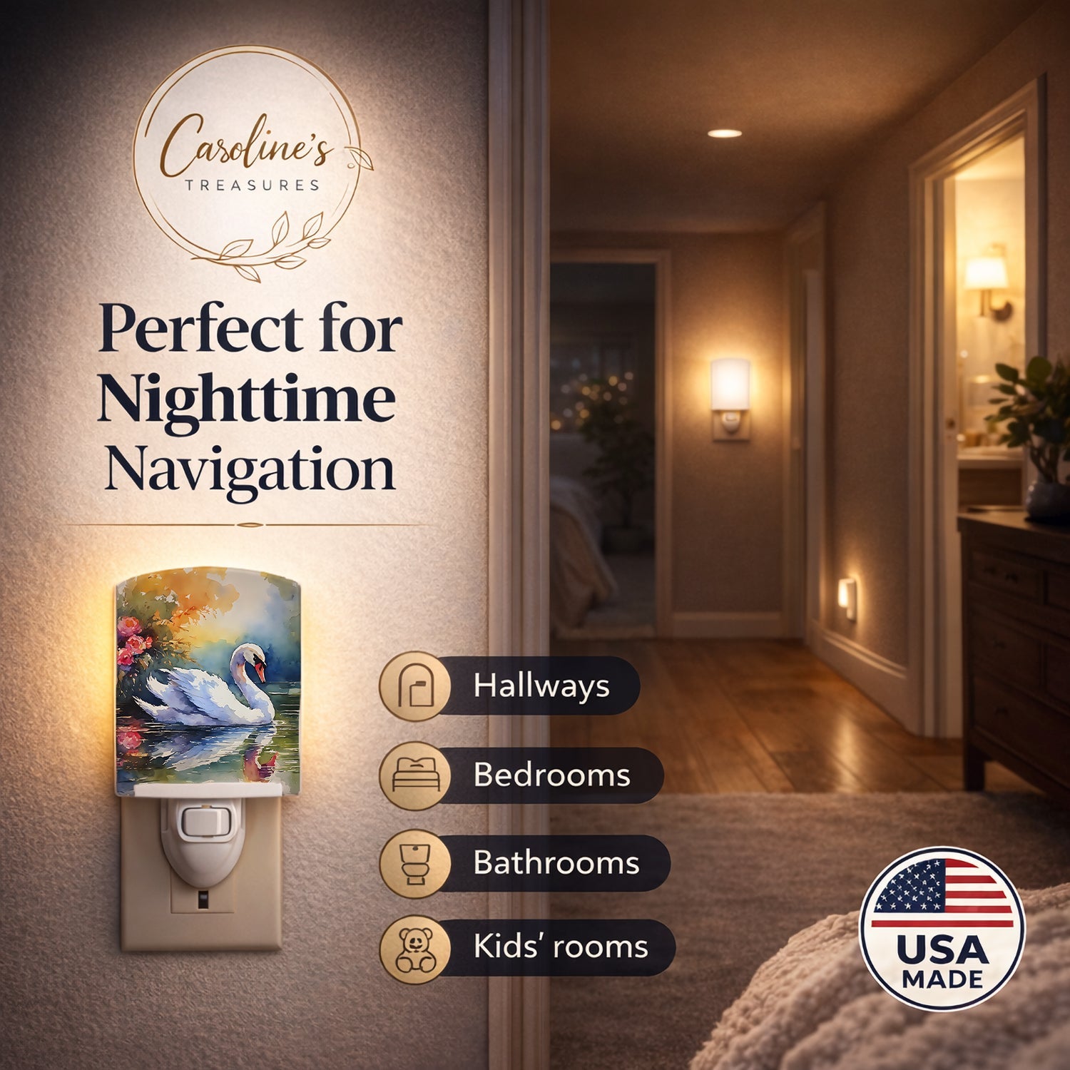 White Swan with Floral Reflection Watercolor Ceramic Night Light Compact, UL-Certified, Ideal for Bedroom, Bathroom, Nursery, Hallway, Kitchen, 6x4x3, Multicolor