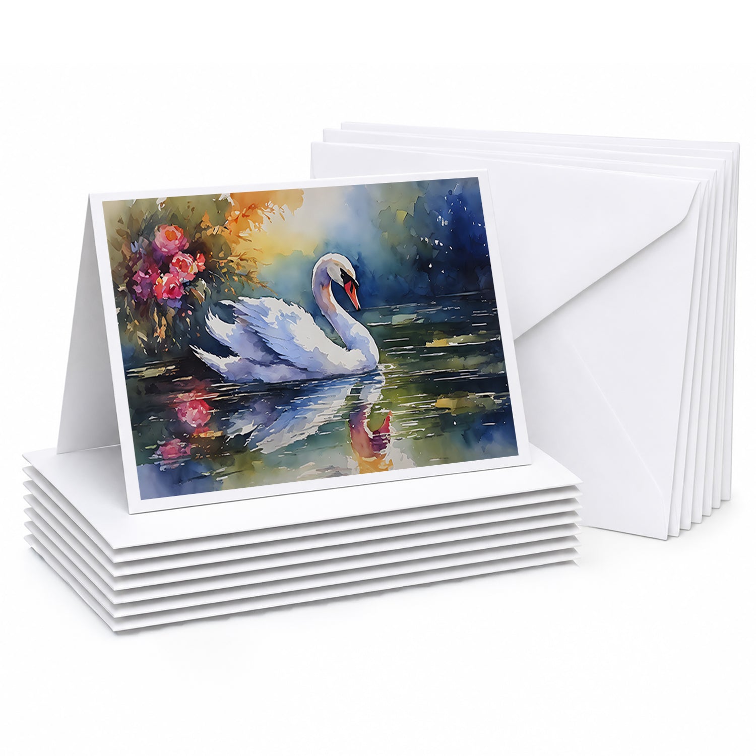 White Swan with Floral Reflection Watercolor Greeting Cards Pack of 8 Blank Cards with Envelopes Whimsical A7 Size 5x7