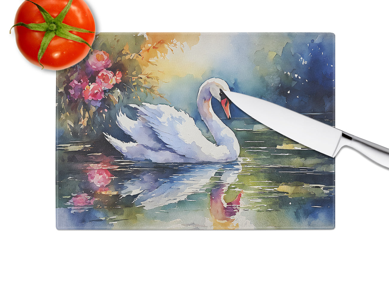 White Swan with Floral Reflection Watercolor Cutting Board Tempered Glass Kitchen Cutting Surface, Heat Resistant Chopping, Non-Slip Feet, Food Prep & Serving