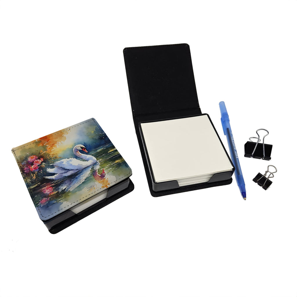 White Swan with Floral Reflection Watercolor PU Leather Note Paper Holder with Artist-Designed Cover, Desk Accessory, Office Gift