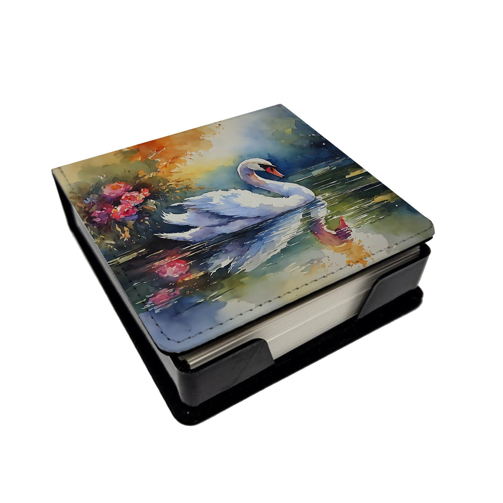 White Swan with Floral Reflection Watercolor PU Leather Note Paper Holder with Artist-Designed Cover, Desk Accessory, Office Gift