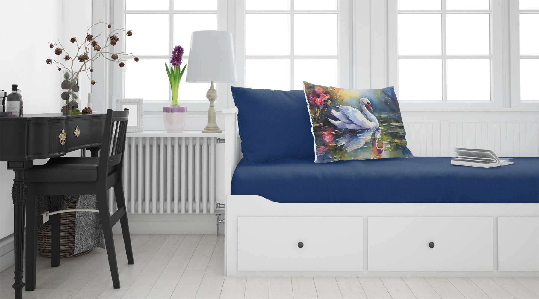 White Swan with Floral Reflection Watercolor Standard Pillowcase Lightweight Super Soft Easy Care Decorative Artwork Pillowcase, Standard