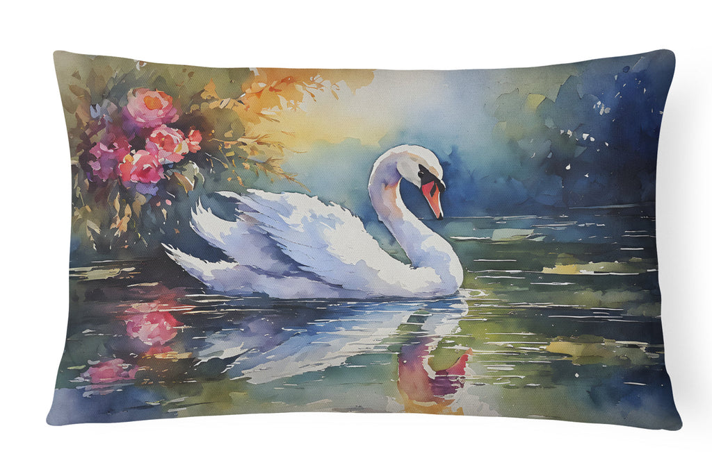 White Swan with Floral Reflection Watercolor Decorative Throw Pillow 12x16 Indoor Outdoor Accent Cushion, Fabric Cover with Insert for Sofa, Bed, Porch & Living Room