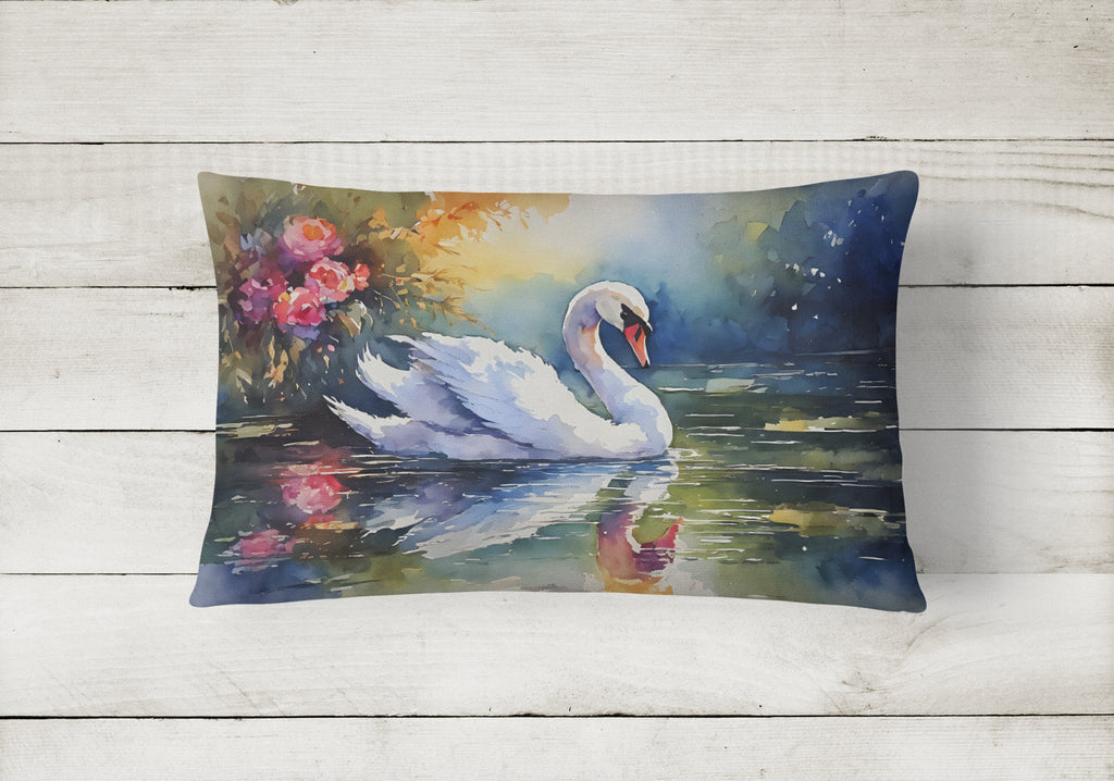 White Swan with Floral Reflection Watercolor Decorative Throw Pillow 12x16 Indoor Outdoor Accent Cushion, Fabric Cover with Insert for Sofa, Bed, Porch & Living Room