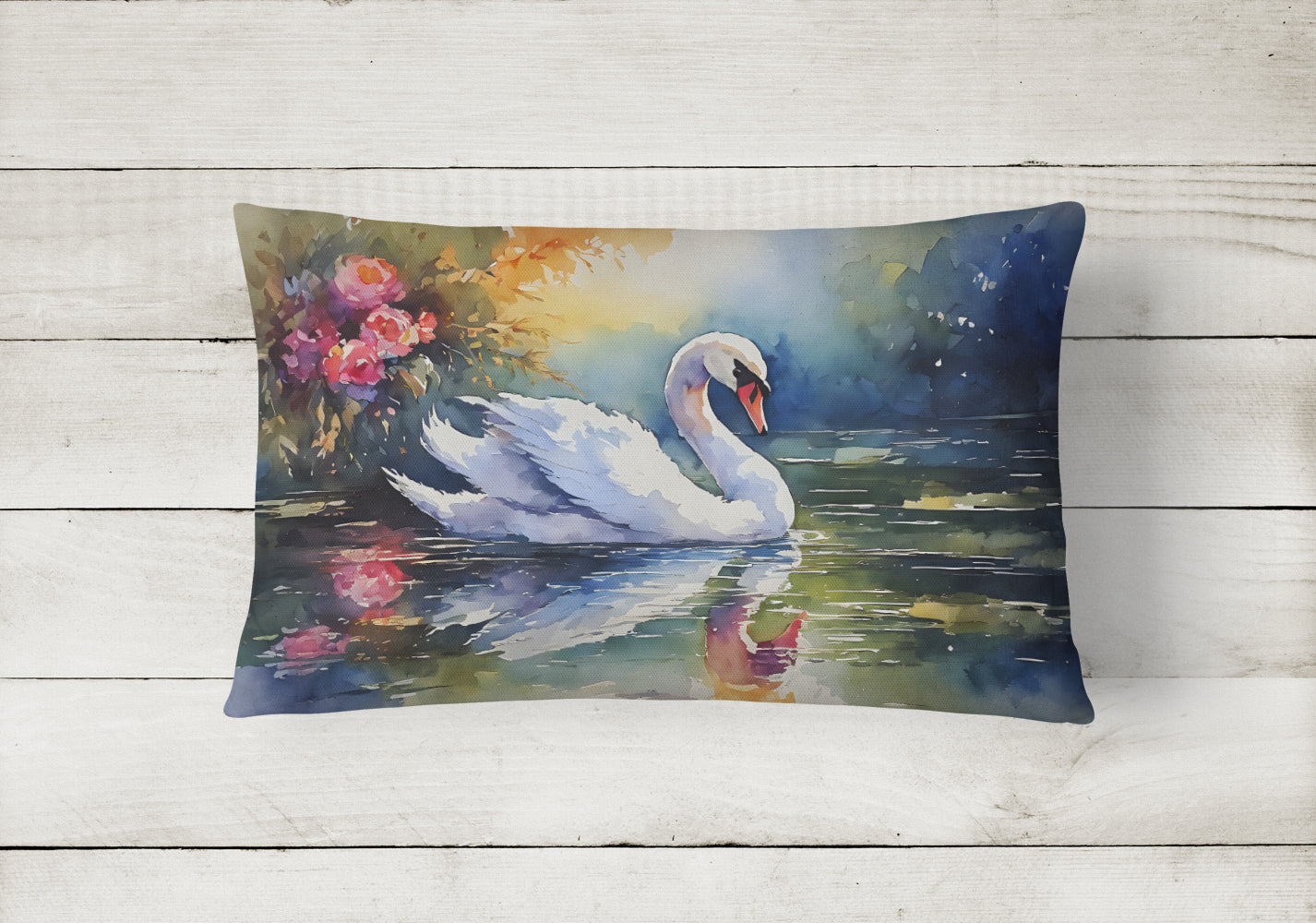 White Swan with Floral Reflection Watercolor Decorative Throw Pillow 12x16 Indoor Outdoor Accent Cushion, Fabric Cover with Insert for Sofa, Bed, Porch & Living Room