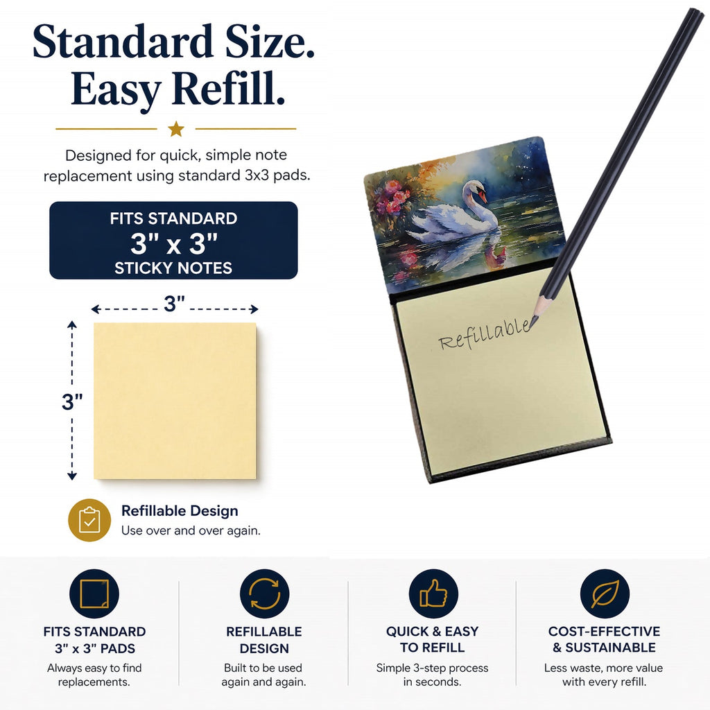 White Swan with Floral Reflection Watercolor Watercolor Sticky Note Holder Refillable Dispenser Desk Accessory 3x3 Pad Gift