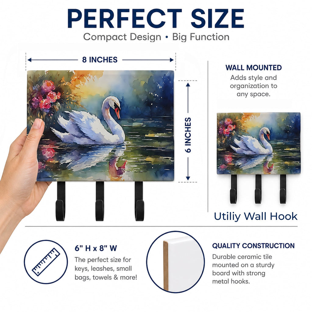White Swan with Floral Reflection Watercolor Leash or Key Holder Wall Hooks, Coat Rack Wall Mount, for Hanging Keys, Towels, Aprons, Leashes