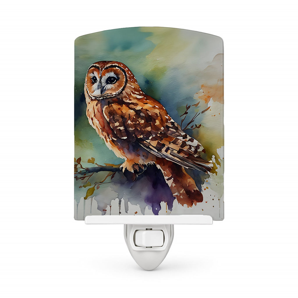 Tawny Owl Portrait Natural Watercolor Ceramic Night Light Compact, UL-Certified, Ideal for Bedroom, Bathroom, Nursery, Hallway, Kitchen, 6x4x3, Multicolor