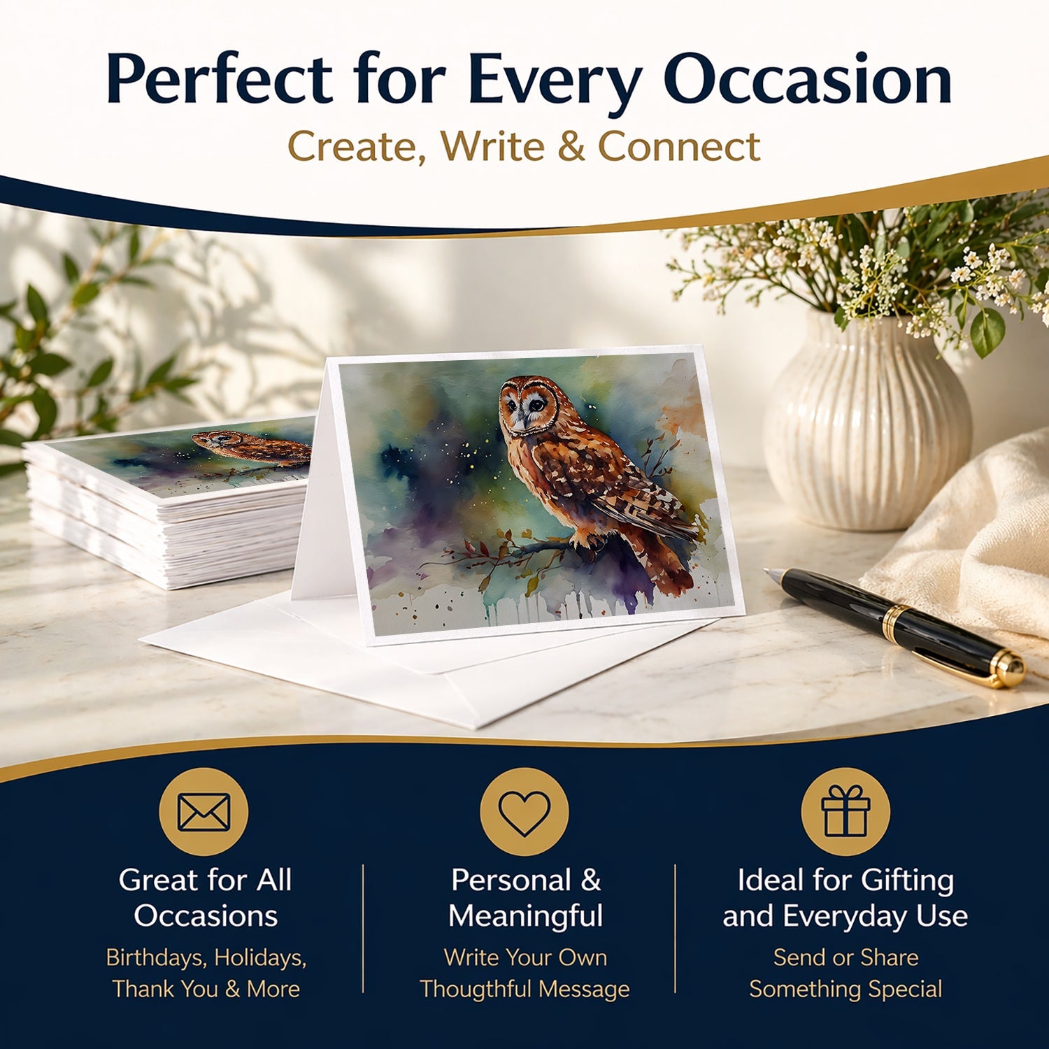 Tawny Owl Portrait Natural Watercolor Greeting Cards Pack of 8 Blank Cards with Envelopes Whimsical A7 Size 5x7