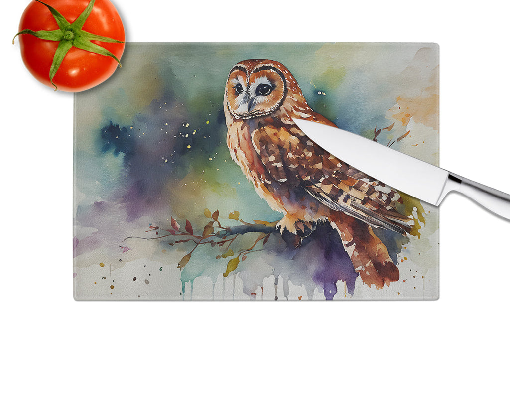 Tawny Owl Portrait Natural Watercolor Cutting Board Tempered Glass Kitchen Cutting Surface, Heat Resistant Chopping, Non-Slip Feet, Food Prep & Serving