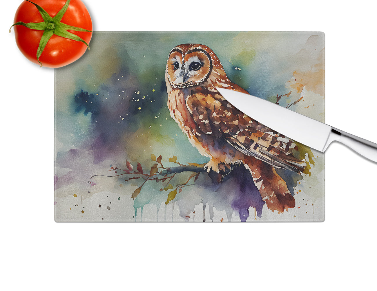 Tawny Owl Portrait Natural Watercolor Cutting Board Tempered Glass Kitchen Cutting Surface, Heat Resistant Chopping, Non-Slip Feet, Food Prep & Serving