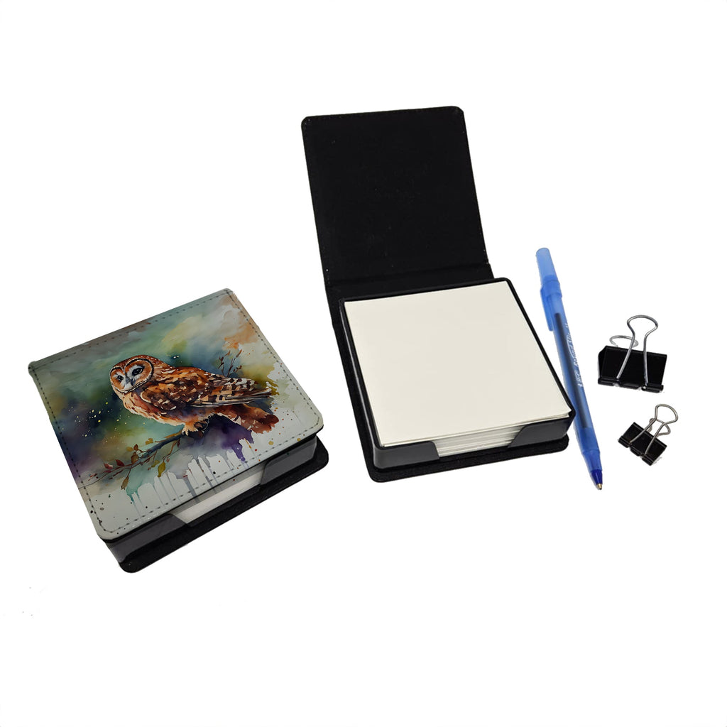Tawny Owl Portrait Natural Watercolor PU Leather Note Paper Holder with Artist-Designed Cover, Desk Accessory, Office Gift