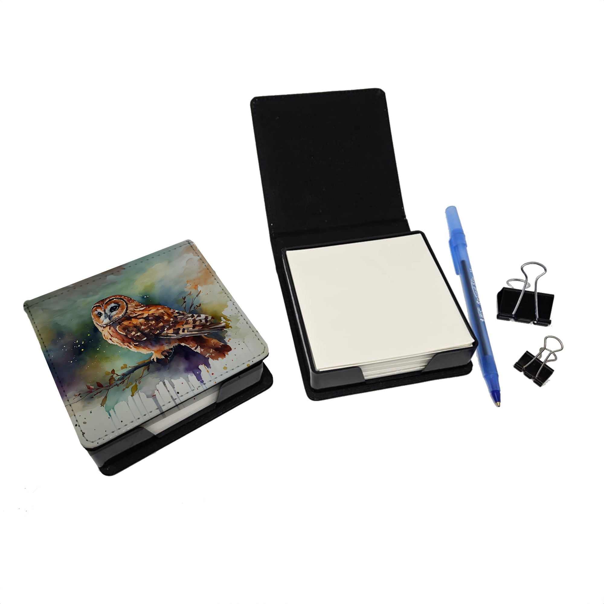 Tawny Owl Portrait Natural Watercolor PU Leather Note Paper Holder with Artist-Designed Cover, Desk Accessory, Office Gift