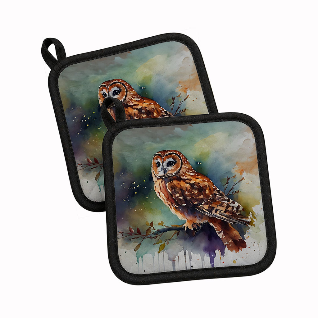Tawny Owl Portrait Natural Watercolor Pot Holder Set of 2 Heat Resistant Quilted Hot Pads 7.5 x 7.5 Inch, Insulated Kitchen Trivets for Cooking & Baking