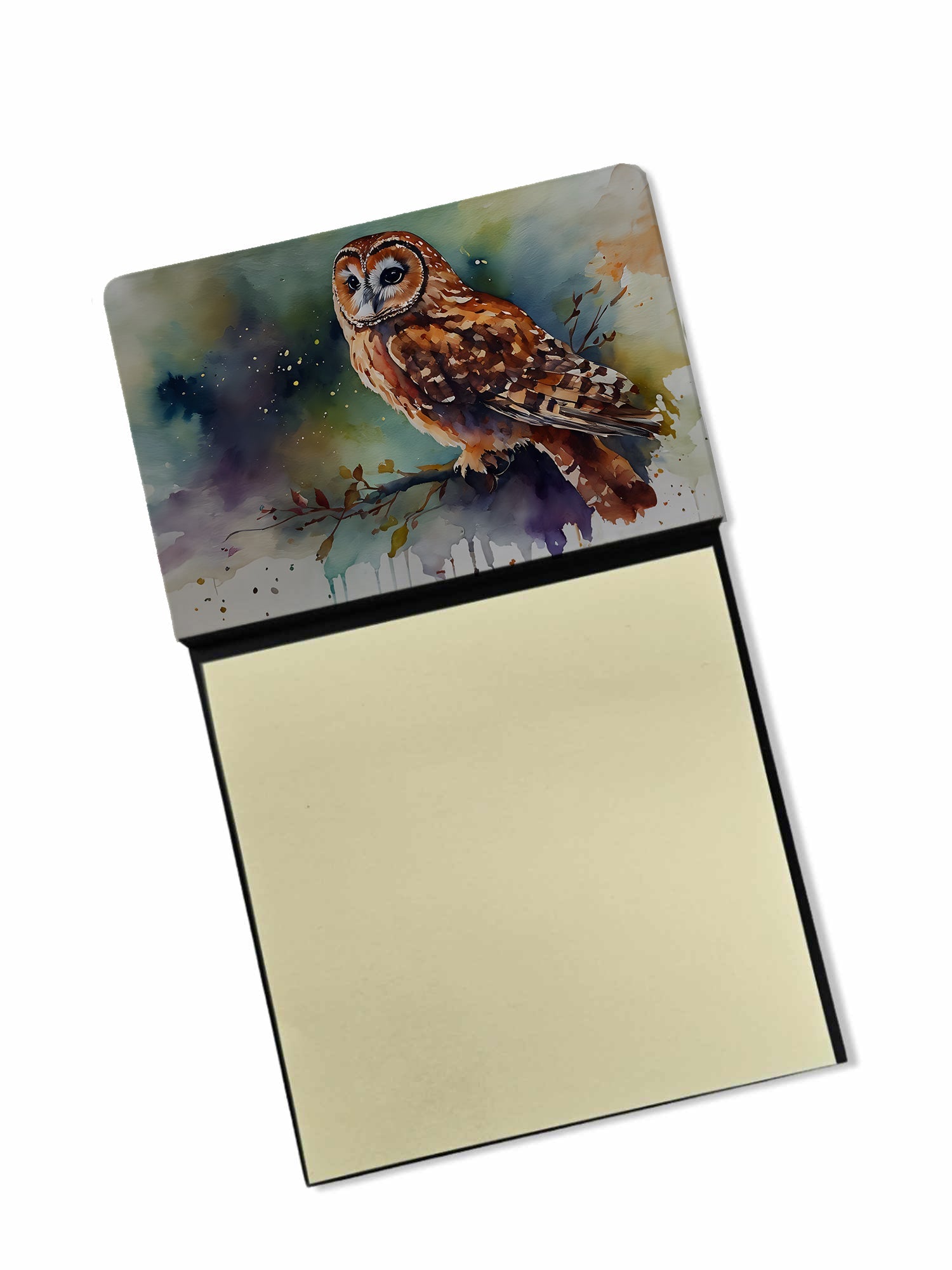 Tawny Owl Portrait Natural Watercolor Watercolor Sticky Note Holder Refillable Dispenser Desk Accessory 3x3 Pad Gift