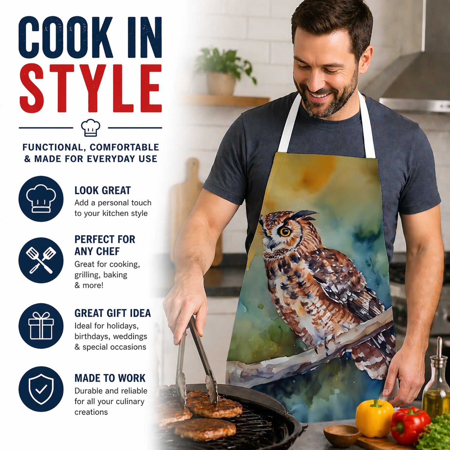 Tawny Owl on Branch Watercolor Apron Cooking Kitchen Server Baking Crafts Gardening for Adult Women Men, Unisex, Large, Multicolor