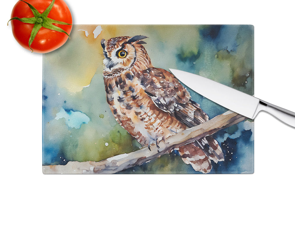 Tawny Owl on Branch Watercolor Cutting Board Tempered Glass Kitchen Cutting Surface, Heat Resistant Chopping, Non-Slip Feet, Food Prep & Serving