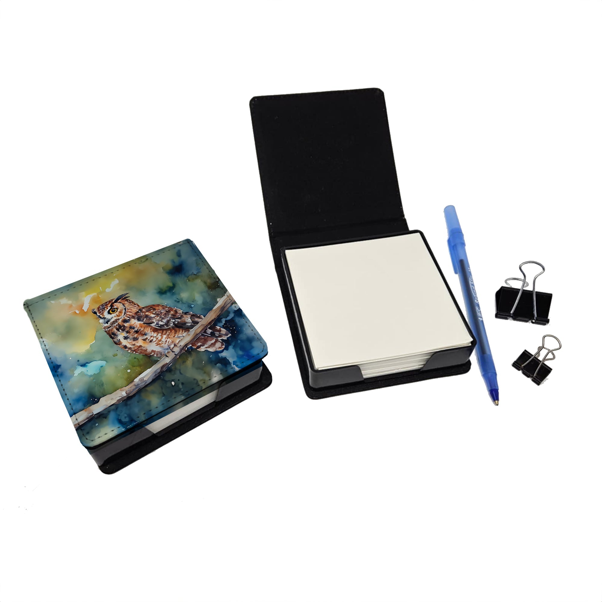 Tawny Owl on Branch Watercolor PU Leather Note Paper Holder with Artist-Designed Cover, Desk Accessory, Office Gift