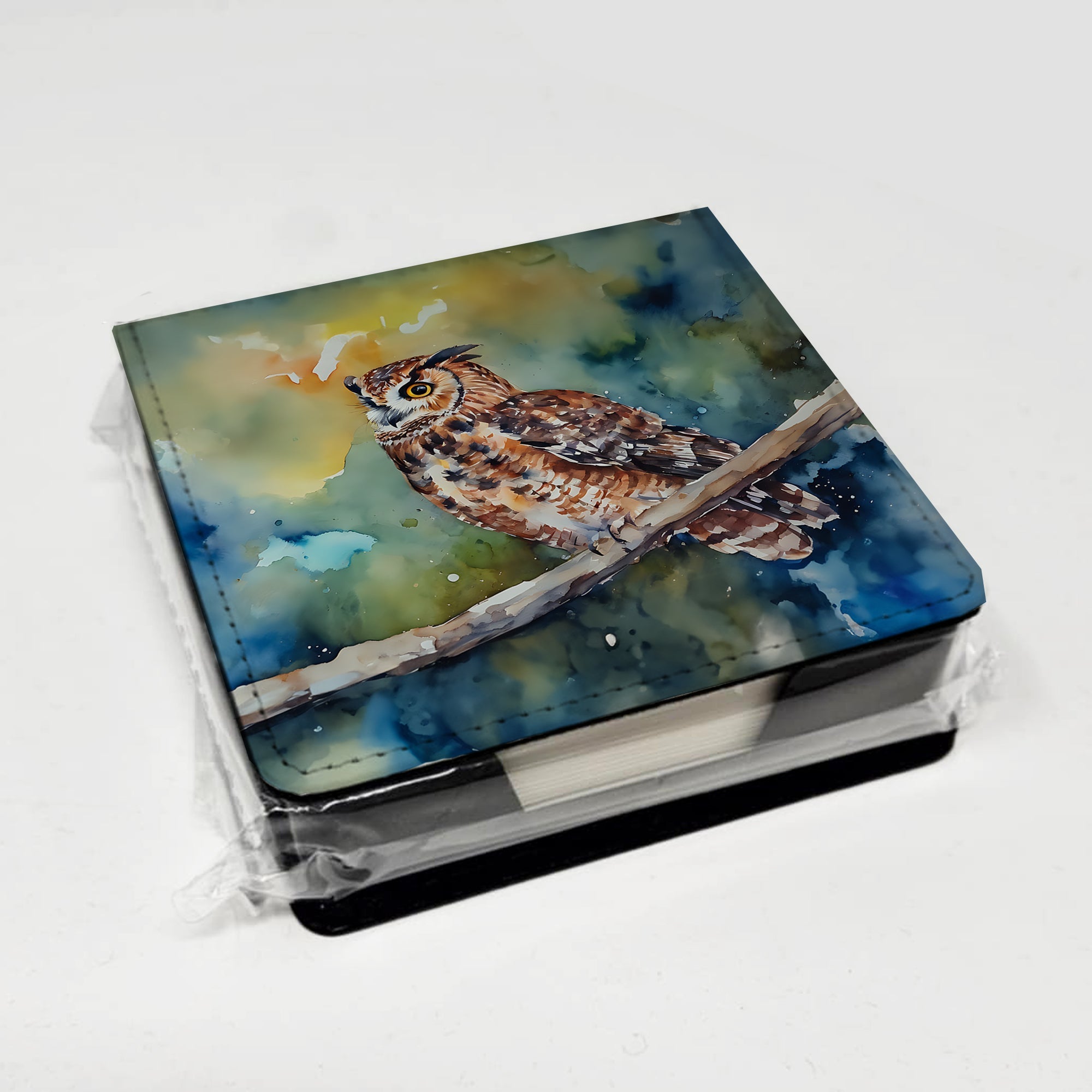 Tawny Owl on Branch Watercolor PU Leather Note Paper Holder with Artist-Designed Cover, Desk Accessory, Office Gift