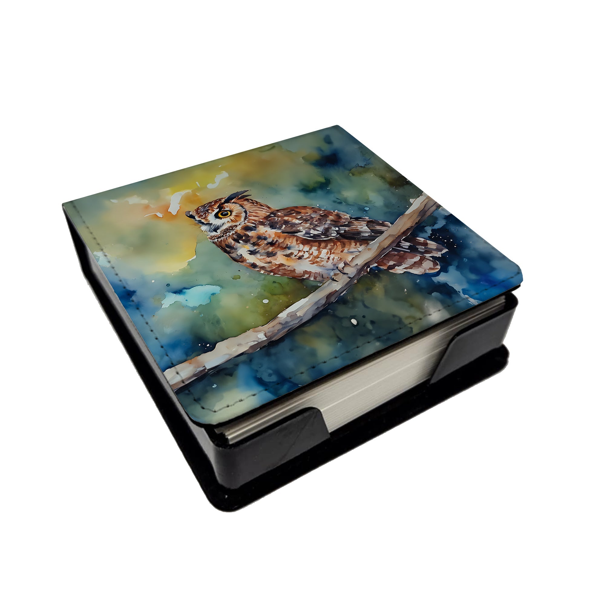 Tawny Owl on Branch Watercolor PU Leather Note Paper Holder with Artist-Designed Cover, Desk Accessory, Office Gift