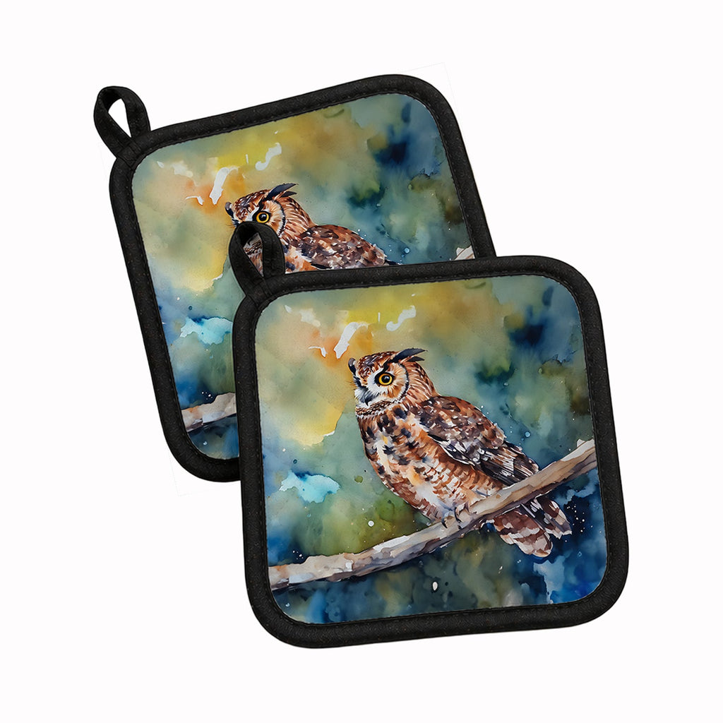 Tawny Owl on Branch Watercolor Pot Holder Set of 2 Heat Resistant Quilted Hot Pads 7.5 x 7.5 Inch, Insulated Kitchen Trivets for Cooking & Baking