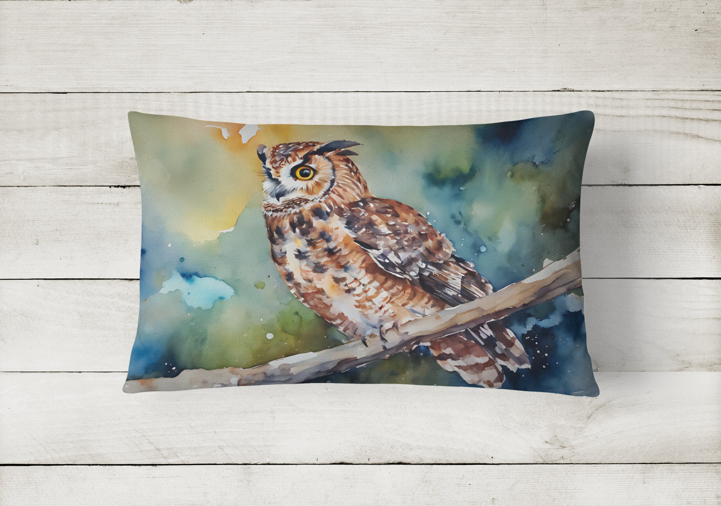 Tawny Owl on Branch Watercolor Decorative Throw Pillow 12x16 Indoor Outdoor Accent Cushion, Fabric Cover with Insert for Sofa, Bed, Porch & Living Room