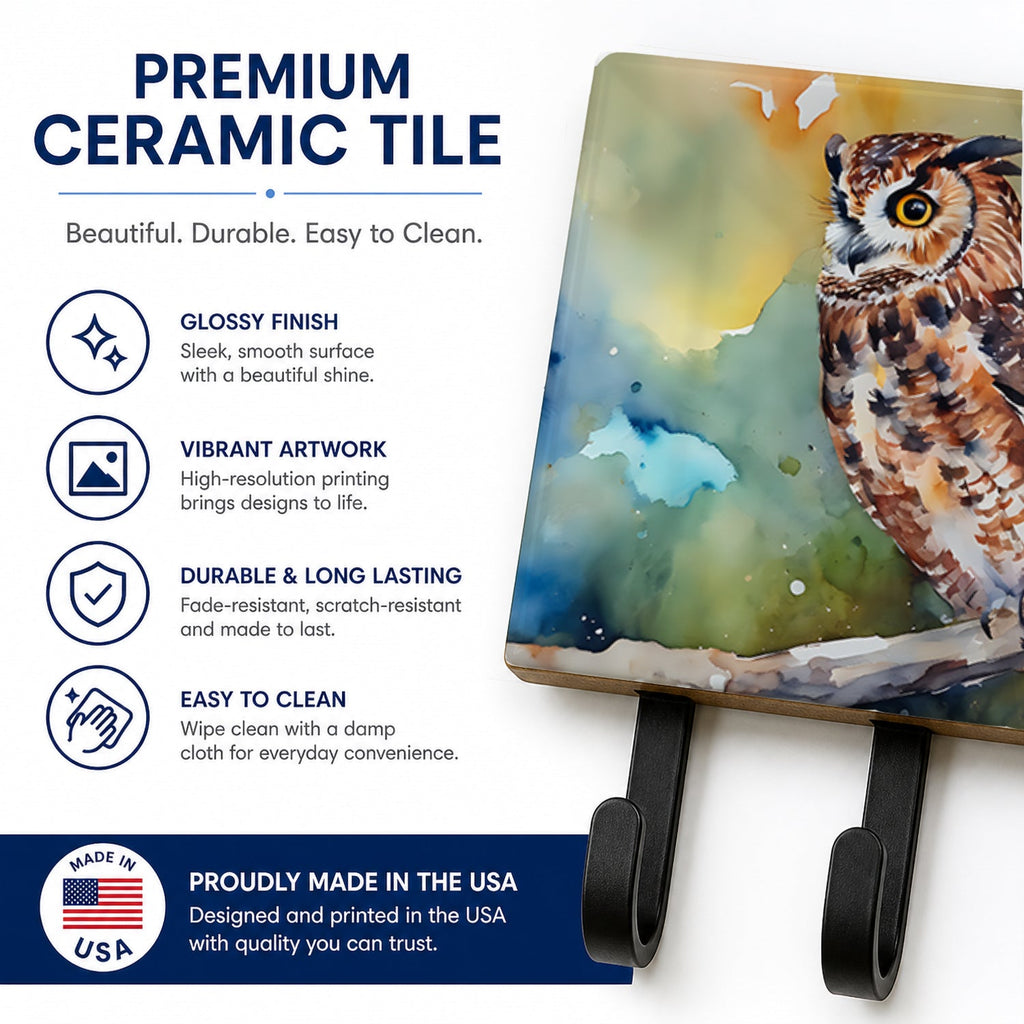 Tawny Owl on Branch Watercolor Leash or Key Holder Wall Hooks, Coat Rack Wall Mount, for Hanging Keys, Towels, Aprons, Leashes