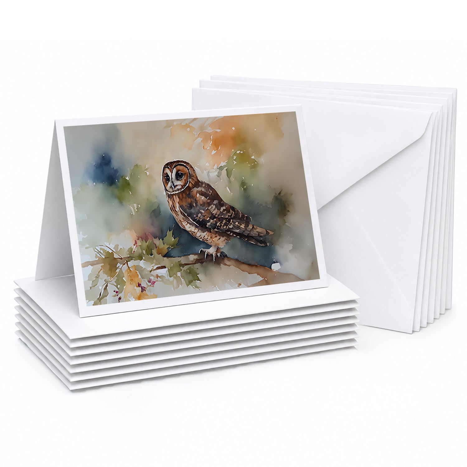 Tawny Owl Soft Background Watercolor Greeting Cards Pack of 8 Blank Cards with Envelopes Whimsical A7 Size 5x7