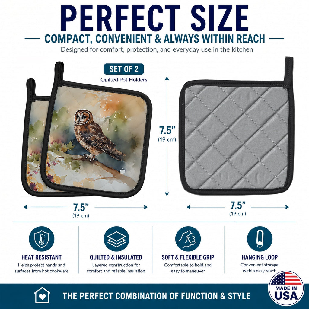 Tawny Owl Soft Background Watercolor Pot Holder Set of 2 Heat Resistant Quilted Hot Pads 7.5 x 7.5 Inch, Insulated Kitchen Trivets for Cooking & Baking
