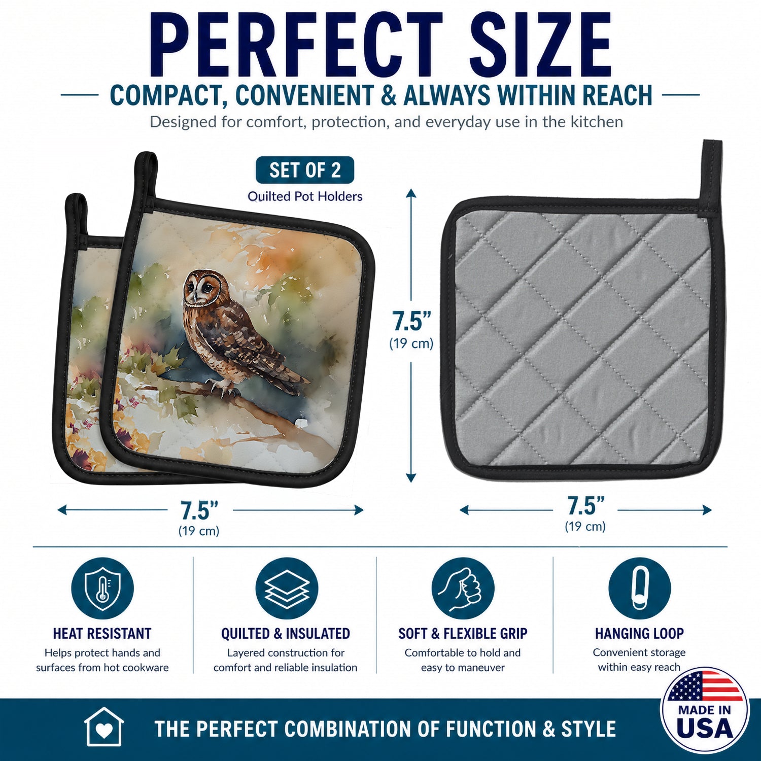 Tawny Owl Soft Background Watercolor Pot Holder Set of 2 Heat Resistant Quilted Hot Pads 7.5 x 7.5 Inch, Insulated Kitchen Trivets for Cooking & Baking