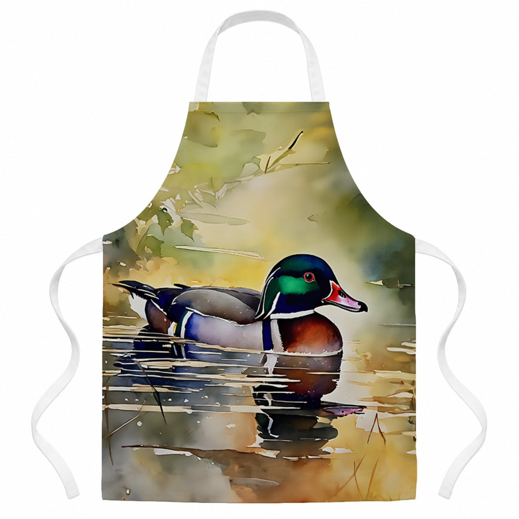 Wood Duck Swimming Pond Watercolor Apron Cooking Kitchen Server Baking Crafts Gardening for Adult Women Men, Unisex, Large, Multicolor