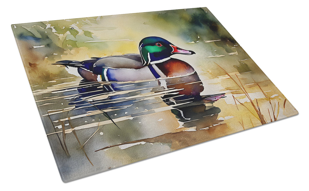 Wood Duck Swimming Pond Watercolor Cutting Board Tempered Glass Kitchen Cutting Surface, Heat Resistant Chopping, Non-Slip Feet, Food Prep & Serving
