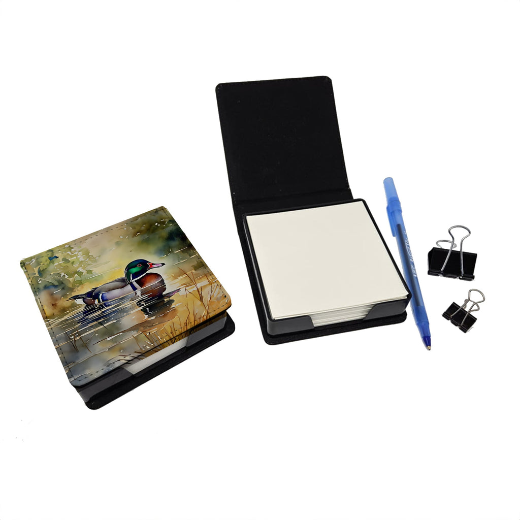 Wood Duck Swimming Pond Watercolor PU Leather Note Paper Holder with Artist-Designed Cover, Desk Accessory, Office Gift