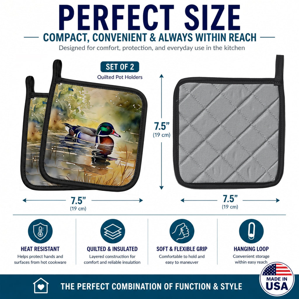 Wood Duck Swimming Pond Watercolor Pot Holder Set of 2 Heat Resistant Quilted Hot Pads 7.5 x 7.5 Inch, Insulated Kitchen Trivets for Cooking & Baking
