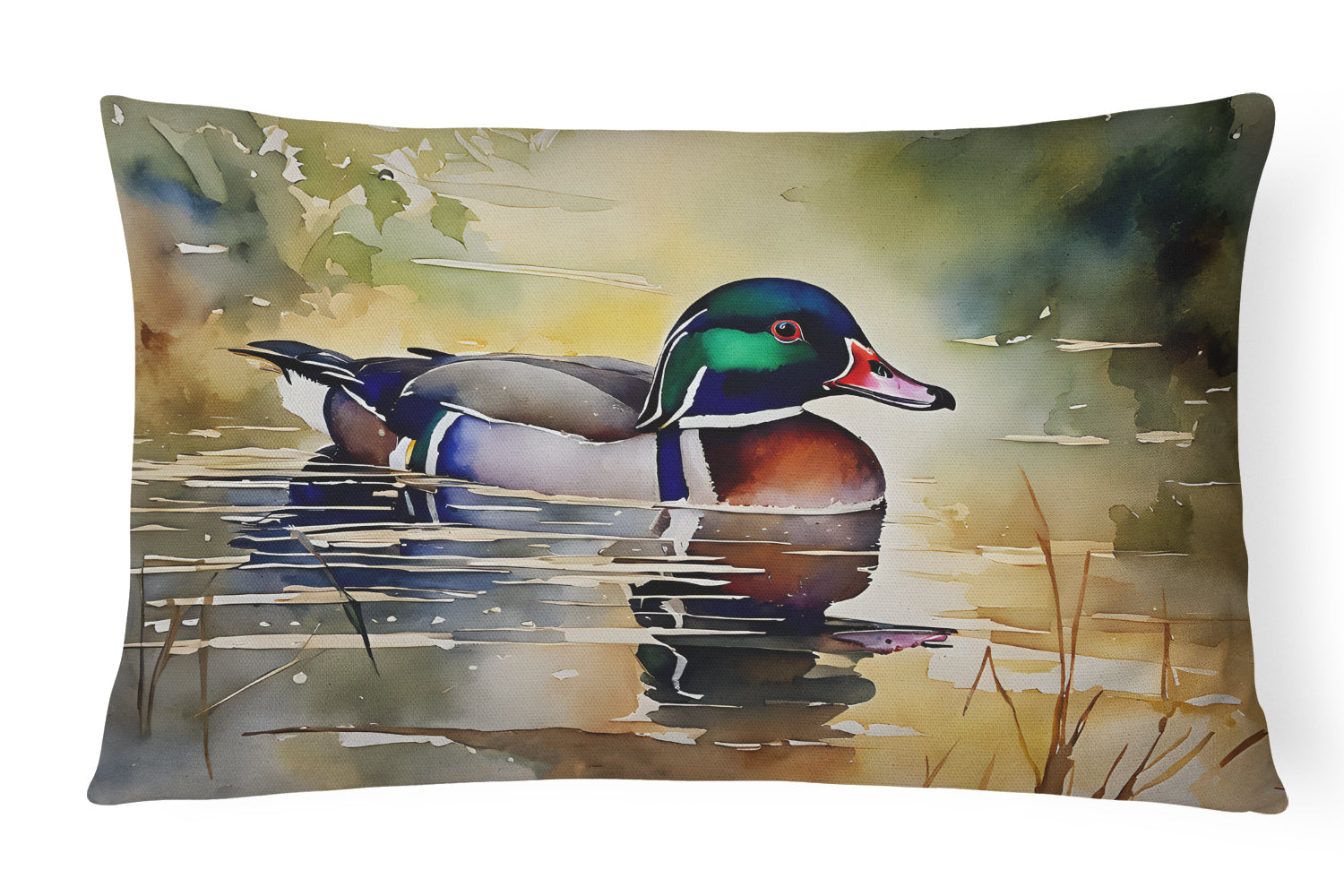 Wood Duck Swimming Pond Watercolor Decorative Throw Pillow 12x16 Indoor Outdoor Accent Cushion, Fabric Cover with Insert for Sofa, Bed, Porch & Living Room