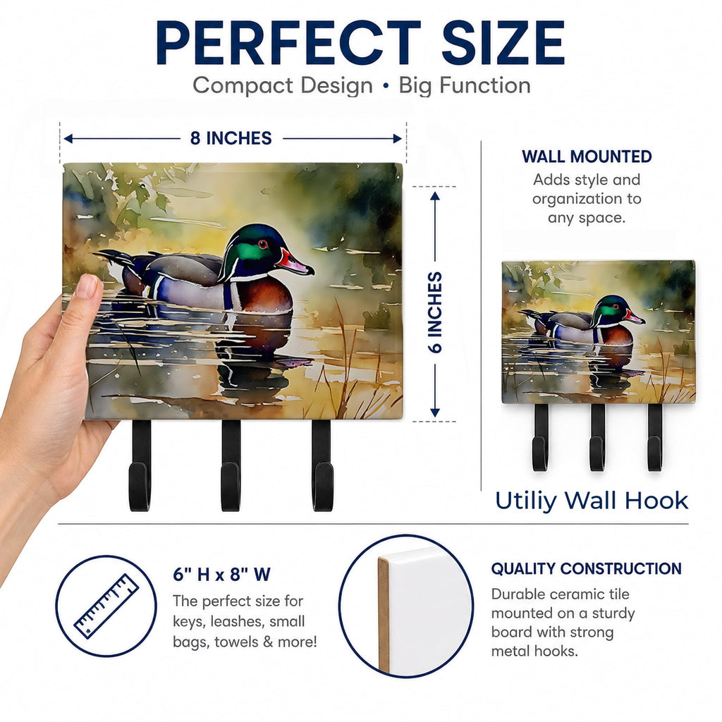 Wood Duck Swimming Pond Watercolor Leash or Key Holder Wall Hooks, Coat Rack Wall Mount, for Hanging Keys, Towels, Aprons, Leashes