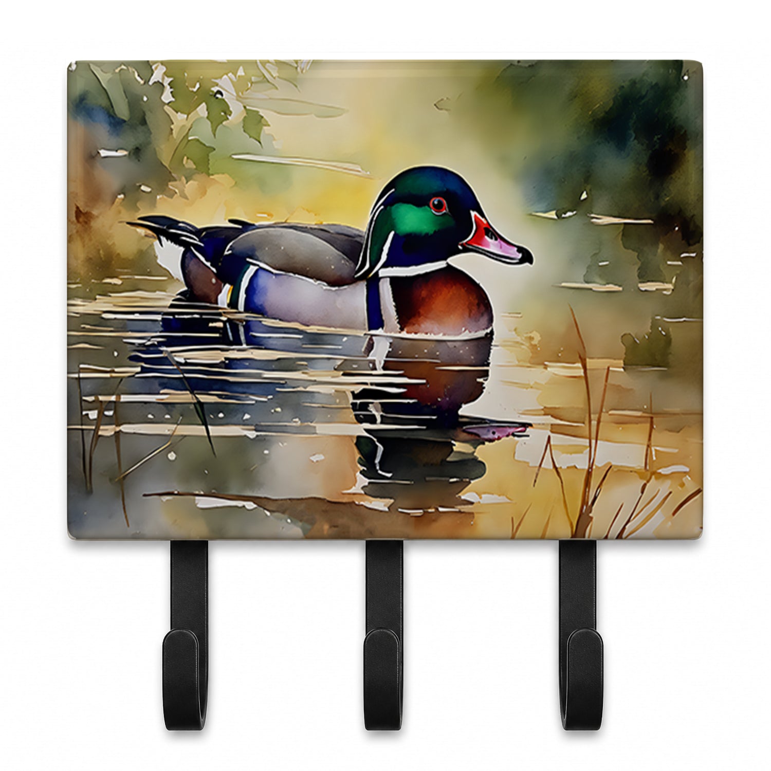 Wood Duck Swimming Pond Watercolor Leash or Key Holder Wall Hooks, Coat Rack Wall Mount, for Hanging Keys, Towels, Aprons, Leashes