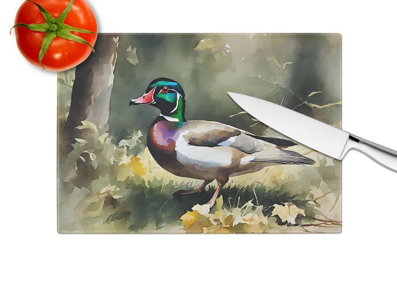 Wood Duck Standing Forest Floor Watercolor Cutting Board Tempered Glass Kitchen Cutting Surface, Heat Resistant Chopping, Non-Slip Feet, Food Prep & Serving