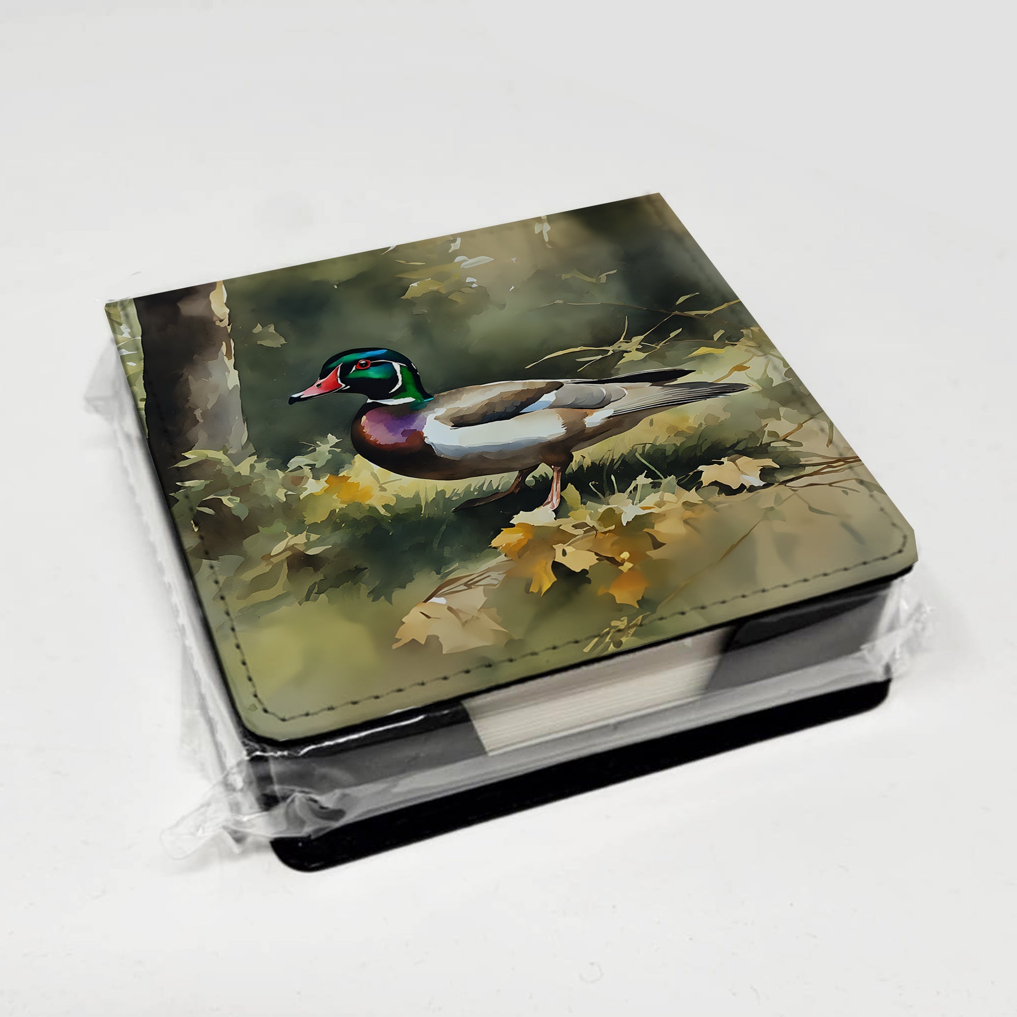 Wood Duck Standing Forest Floor Watercolor PU Leather Note Paper Holder with Artist-Designed Cover, Desk Accessory, Office Gift