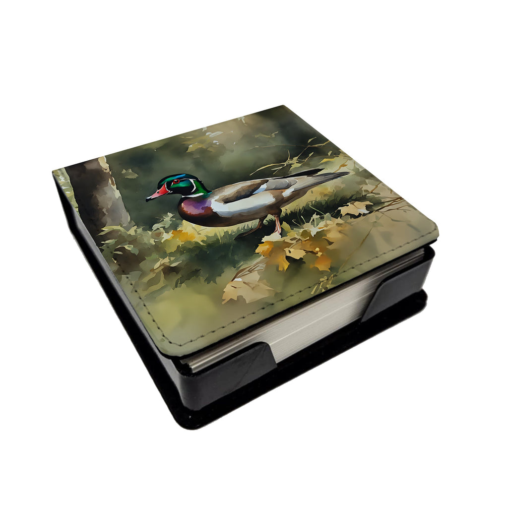 Wood Duck Standing Forest Floor Watercolor PU Leather Note Paper Holder with Artist-Designed Cover, Desk Accessory, Office Gift
