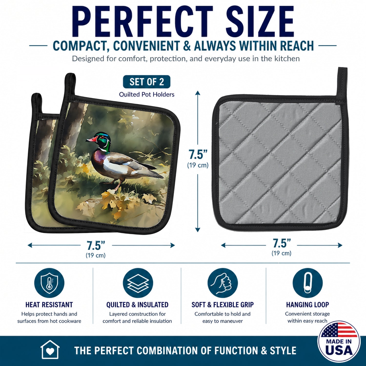 Wood Duck Standing Forest Floor Watercolor Pot Holder Set of 2 Heat Resistant Quilted Hot Pads 7.5 x 7.5 Inch, Insulated Kitchen Trivets for Cooking & Baking