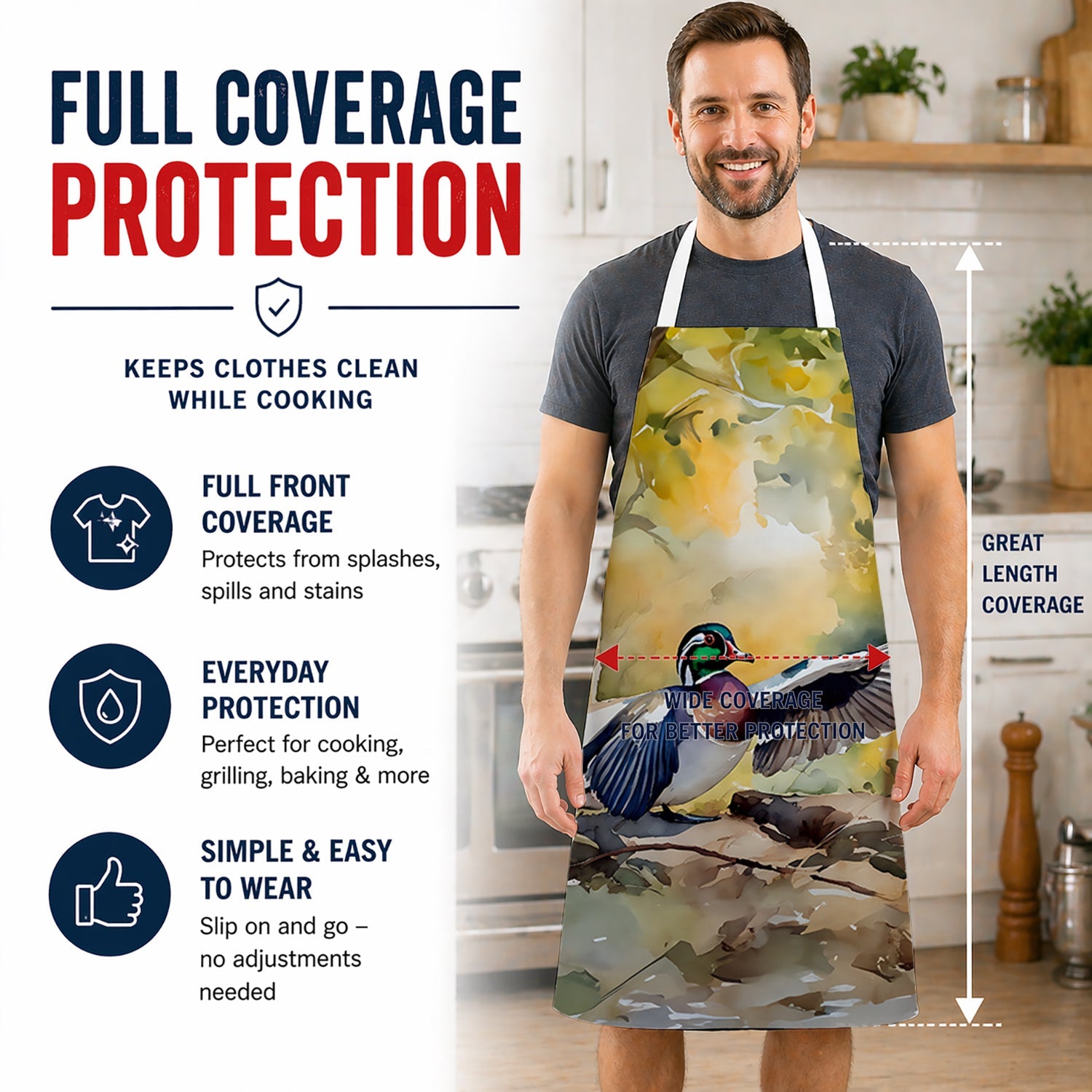 Wood Duck Taking Flight Watercolor Apron Cooking Kitchen Server Baking Crafts Gardening for Adult Women Men, Unisex, Large, Multicolor