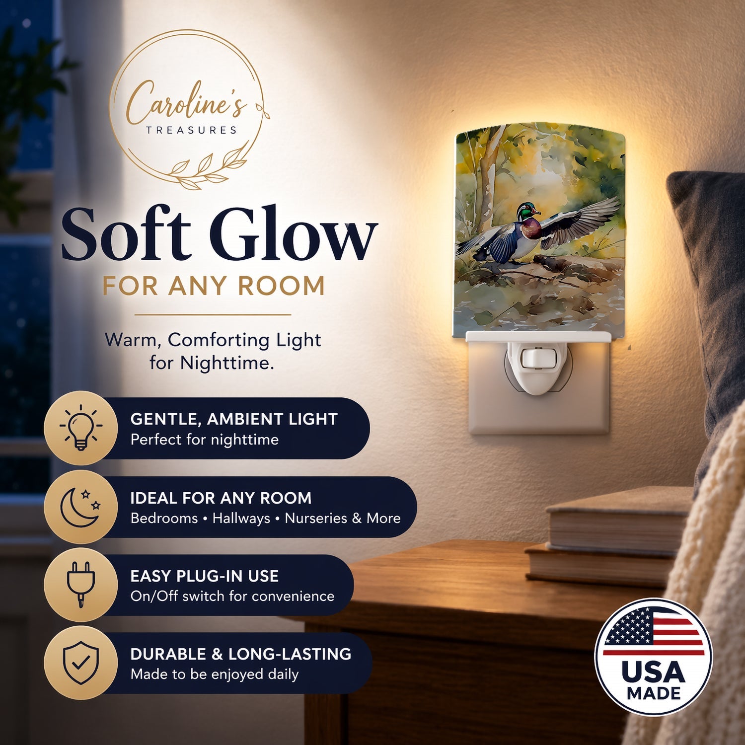Wood Duck Taking Flight Watercolor Ceramic Night Light Compact, UL-Certified, Ideal for Bedroom, Bathroom, Nursery, Hallway, Kitchen, 6x4x3, Multicolor