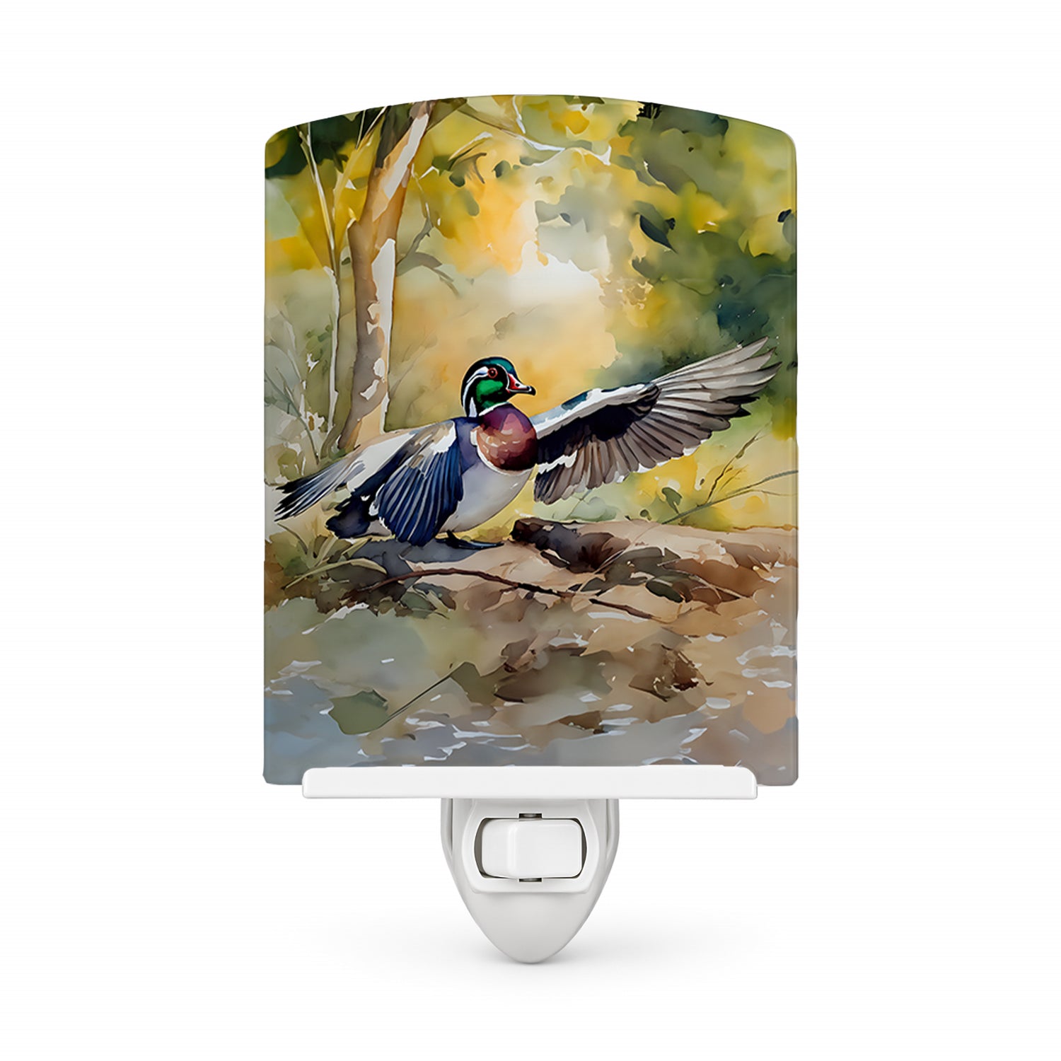Wood Duck Taking Flight Watercolor Ceramic Night Light Compact, UL-Certified, Ideal for Bedroom, Bathroom, Nursery, Hallway, Kitchen, 6x4x3, Multicolor