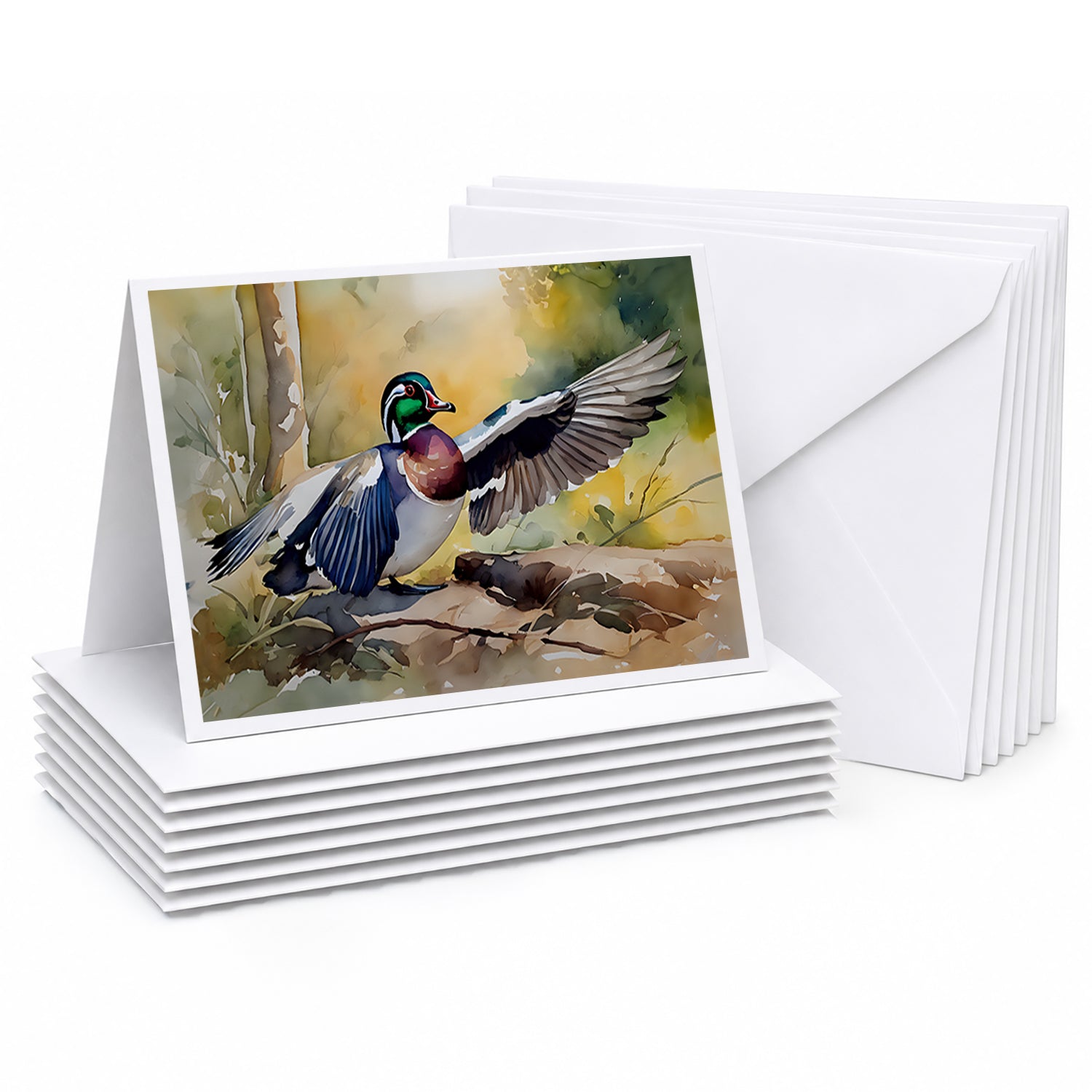 Wood Duck Taking Flight Watercolor Greeting Cards Pack of 8 Blank Cards with Envelopes Whimsical A7 Size 5x7