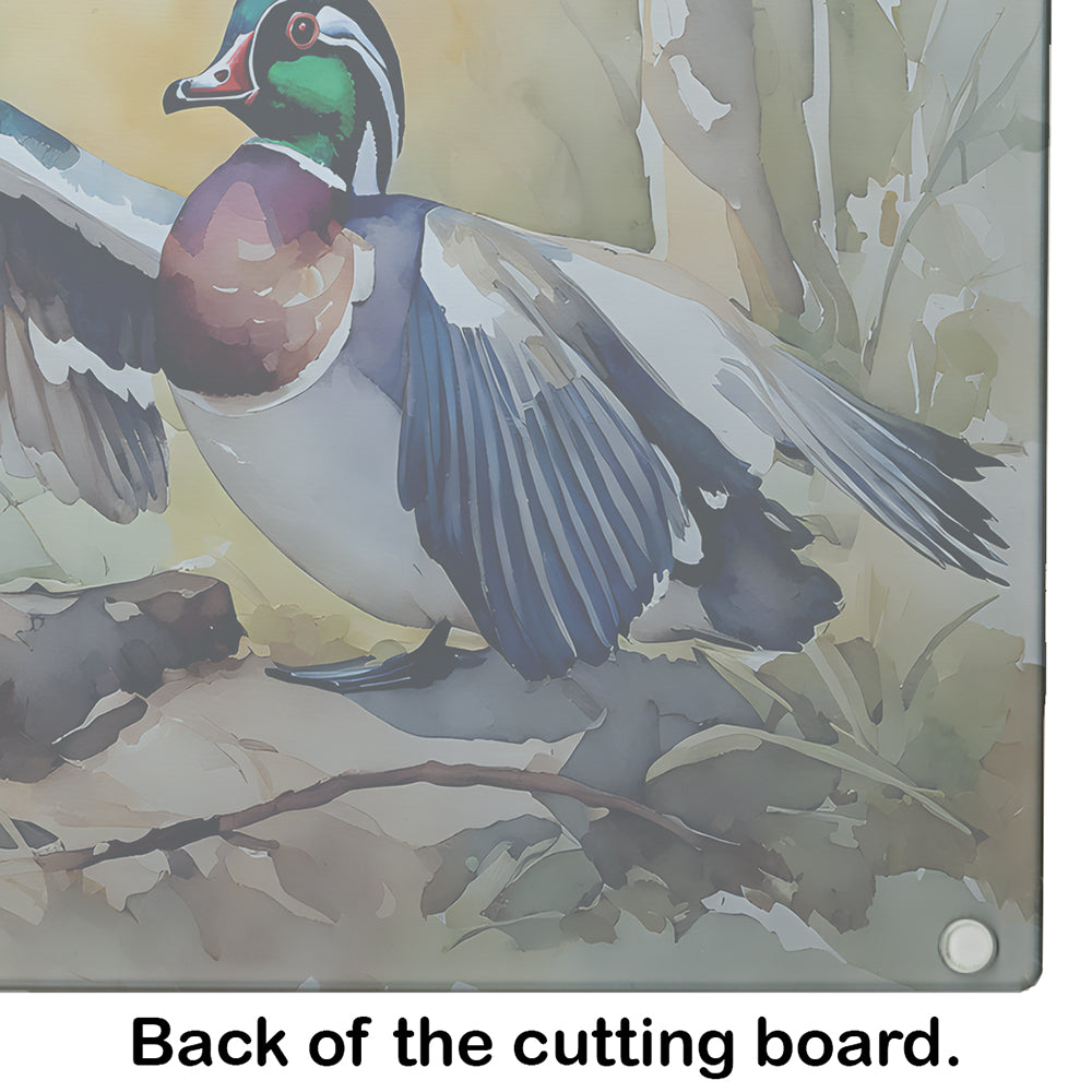 Wood Duck Taking Flight Watercolor Cutting Board Tempered Glass Kitchen Cutting Surface, Heat Resistant Chopping, Non-Slip Feet, Food Prep & Serving